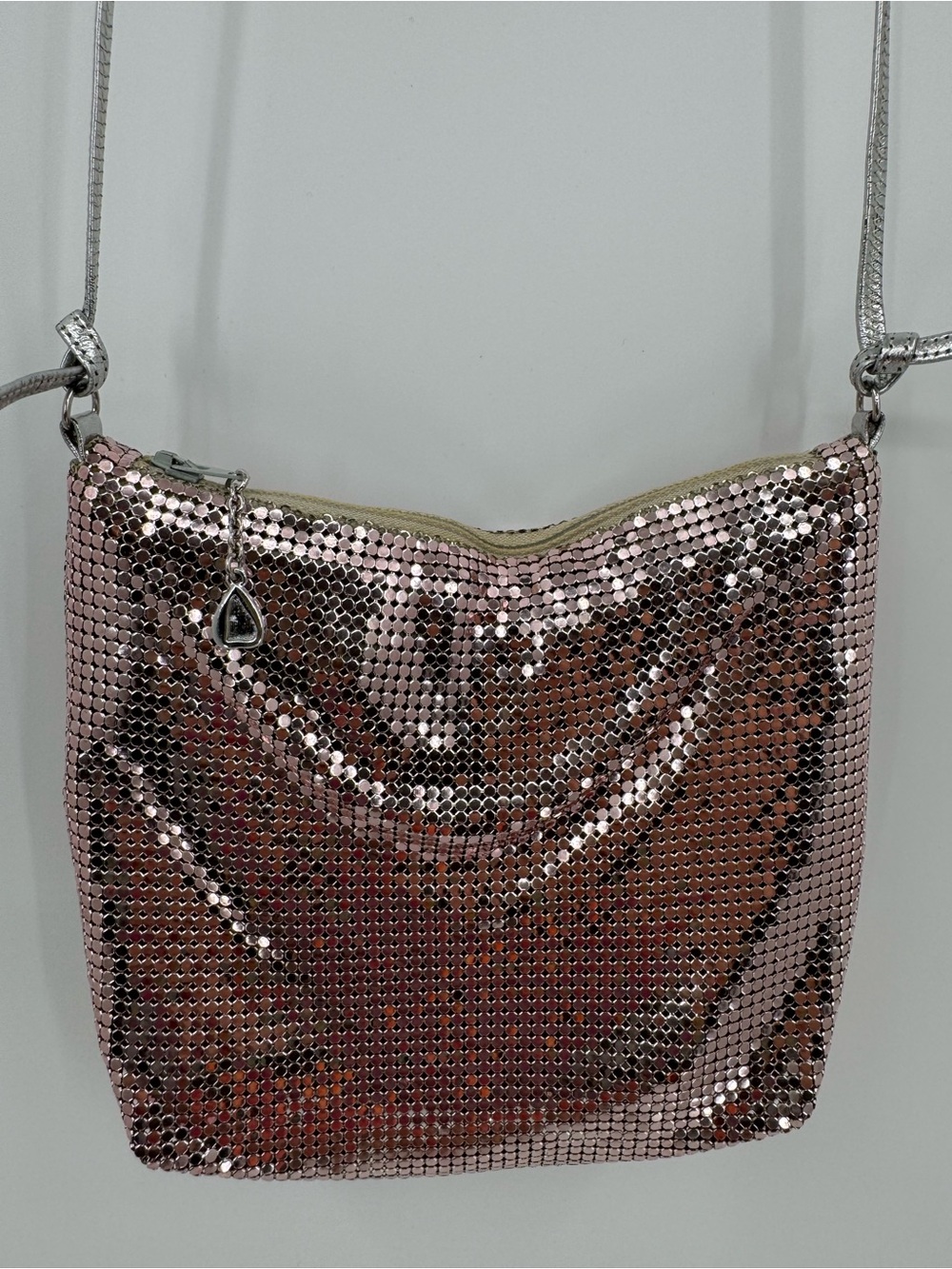 Whiting & Davis Vintage 80s Iconic Crystal Pink Metal Mesh Made In USA Crossbody